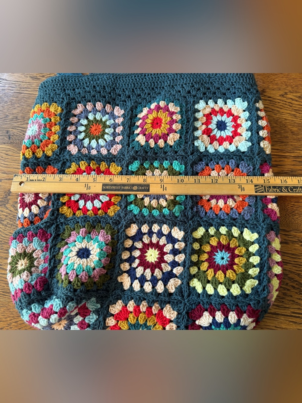 Crocheted Granny Square Tote Bag in Navy with Multicolor Accents - Picture 4 of 5